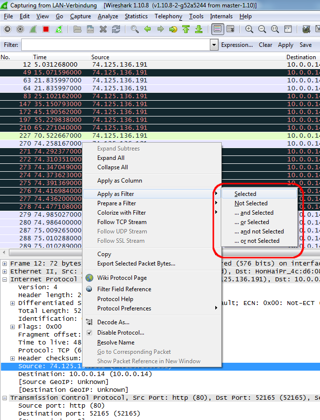 Apply wireshark filter with context menu